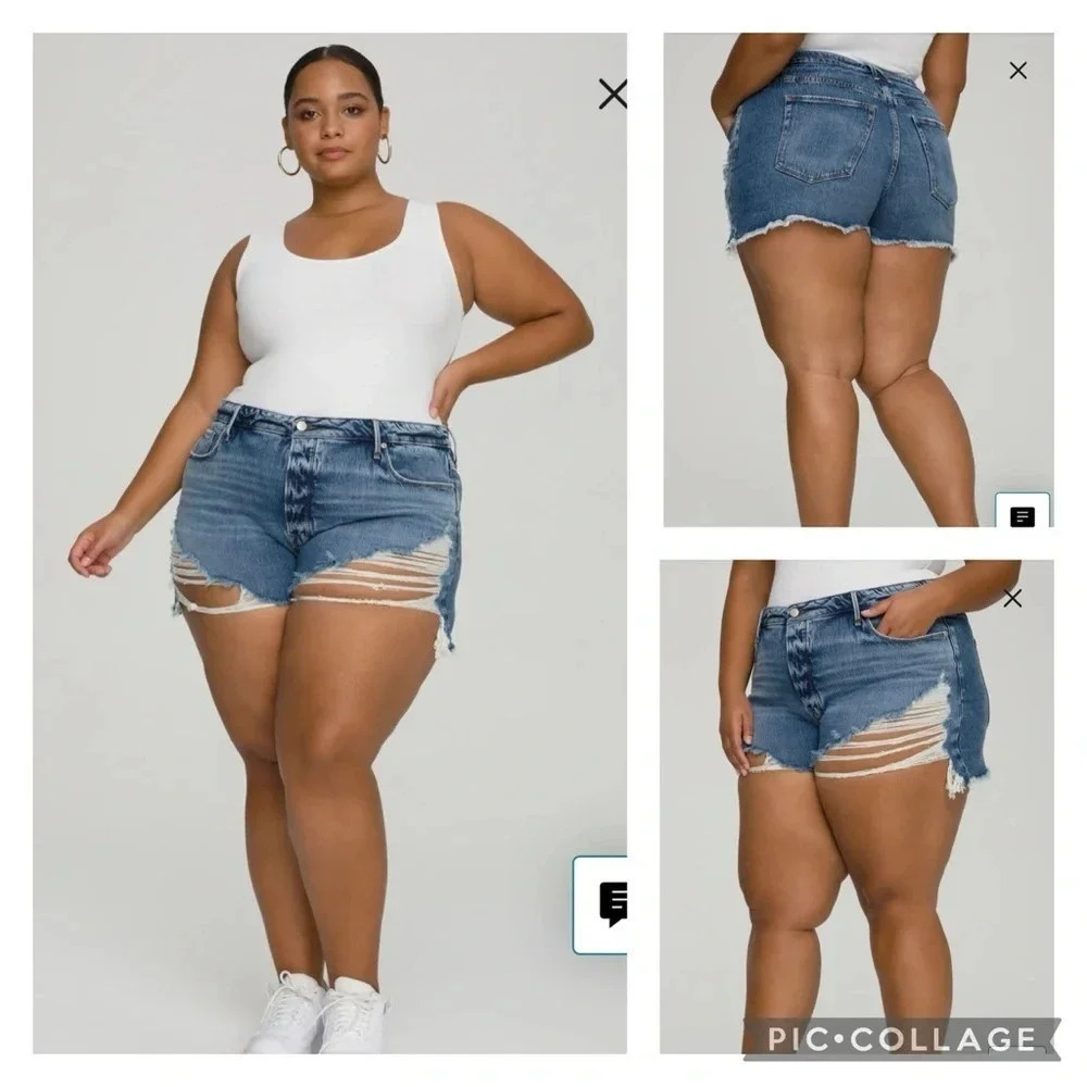 Good American Bombshell High Rise Distressed Denim Cutoff Shorts size 18